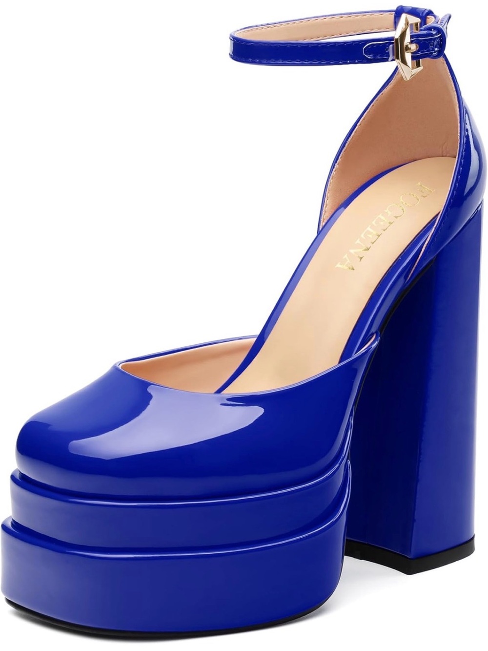 Amazon Cobalt Blue Patent Platform Block Heel with Ankle Strap